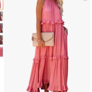 Womens Halter Style Tiered Ruffle detail Maxi Dress in Pink Coral sz small